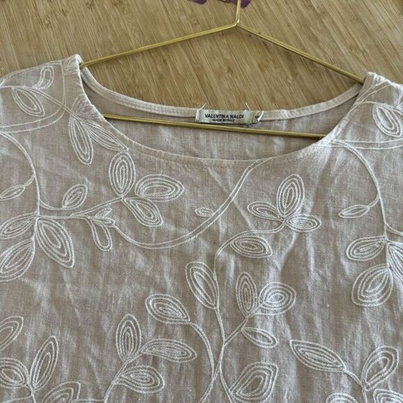 Valentina Naldi Top Small Linen Pink Floral Embroidered Ruffle Short Sleeve - Picture 5 of 9